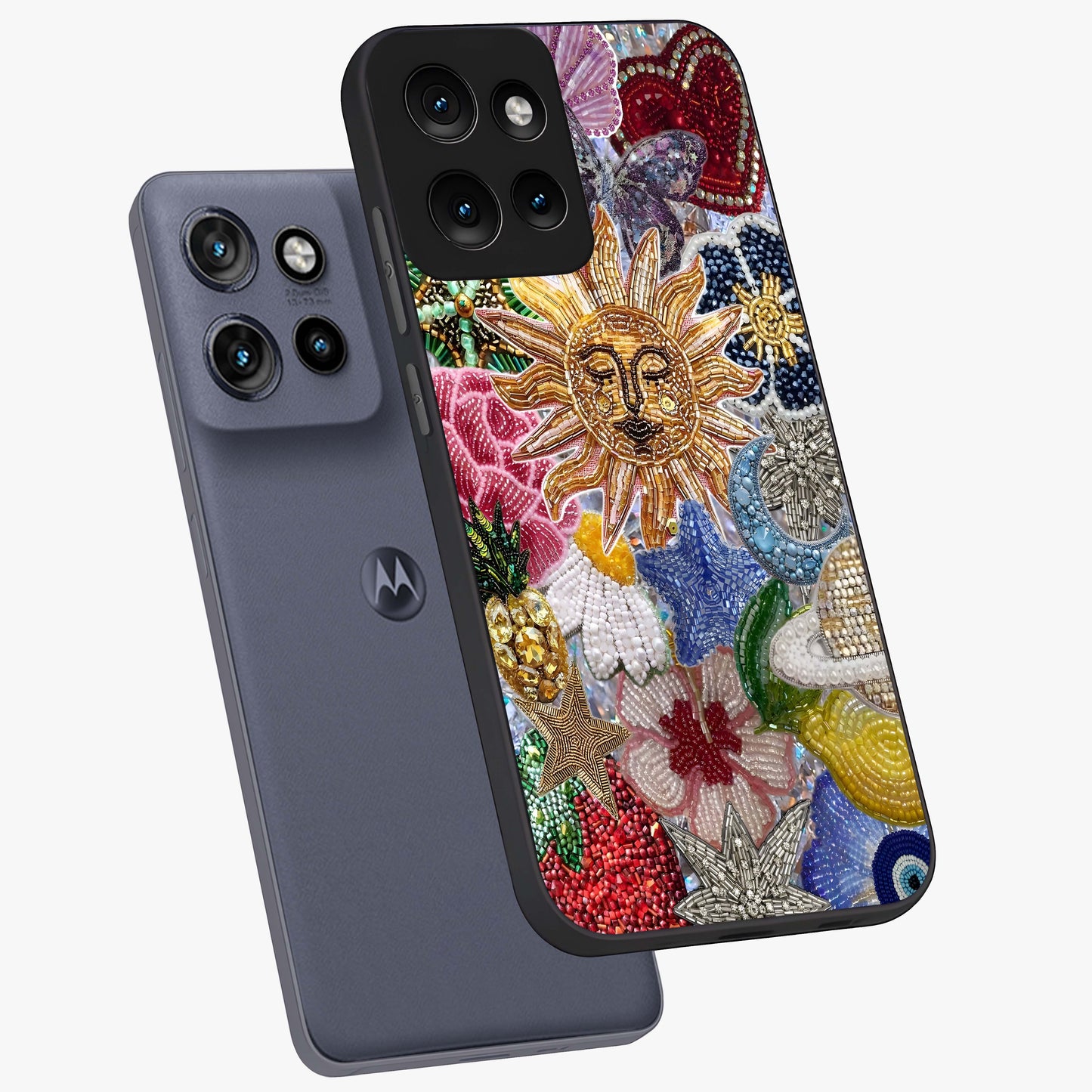 Celestial Floral and Playful Glass Case displayed in angled mockup highlighting playful floral design with dreamy celestial elements.