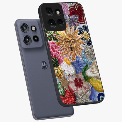 Celestial Floral and Playful Glass Case displayed in angled mockup highlighting playful floral design with dreamy celestial elements.