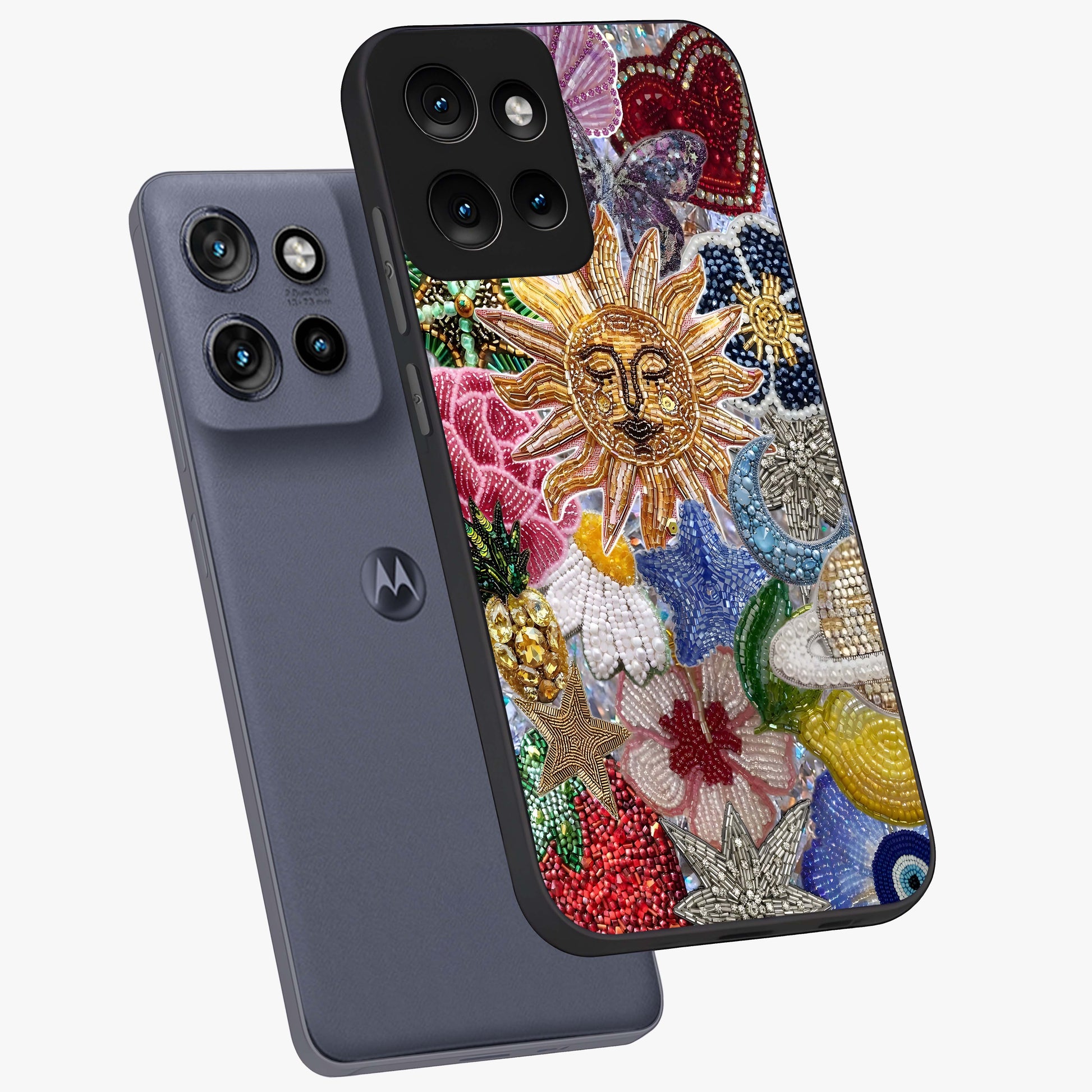 Celestial Floral and Playful Glass Case displayed in angled mockup highlighting playful floral design with dreamy celestial elements.