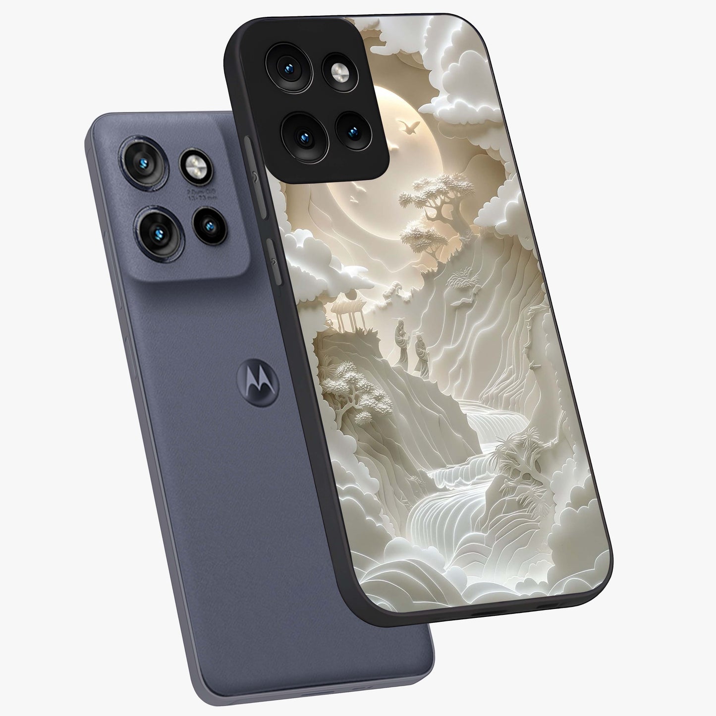 Celestial Origami Glass Case displayed in angled mockup highlighting geometric origami design with cosmic aesthetic theme.