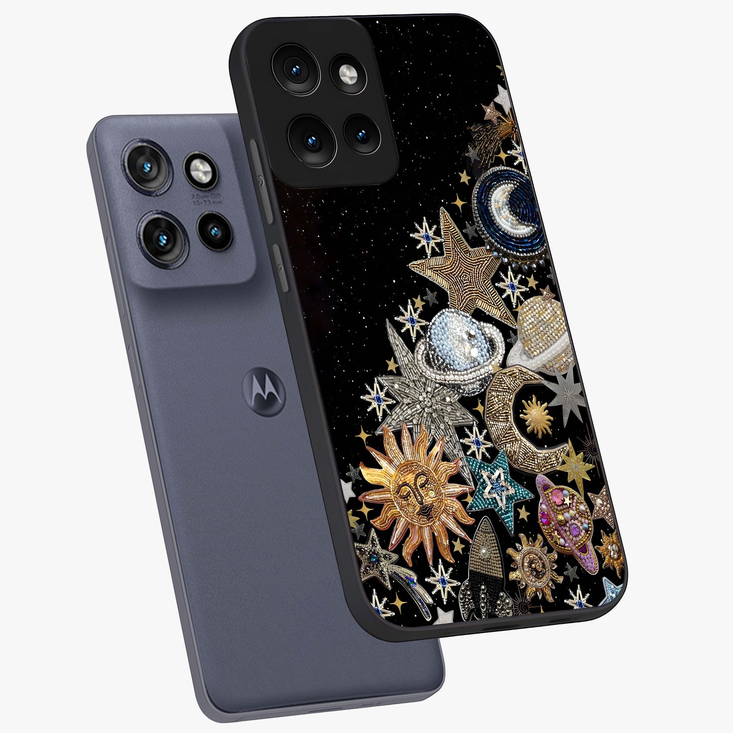 Cosmic Sparkle Dreams Glass Case displayed in angled mockup highlighting dreamy star sparkle design with celestial aesthetic.