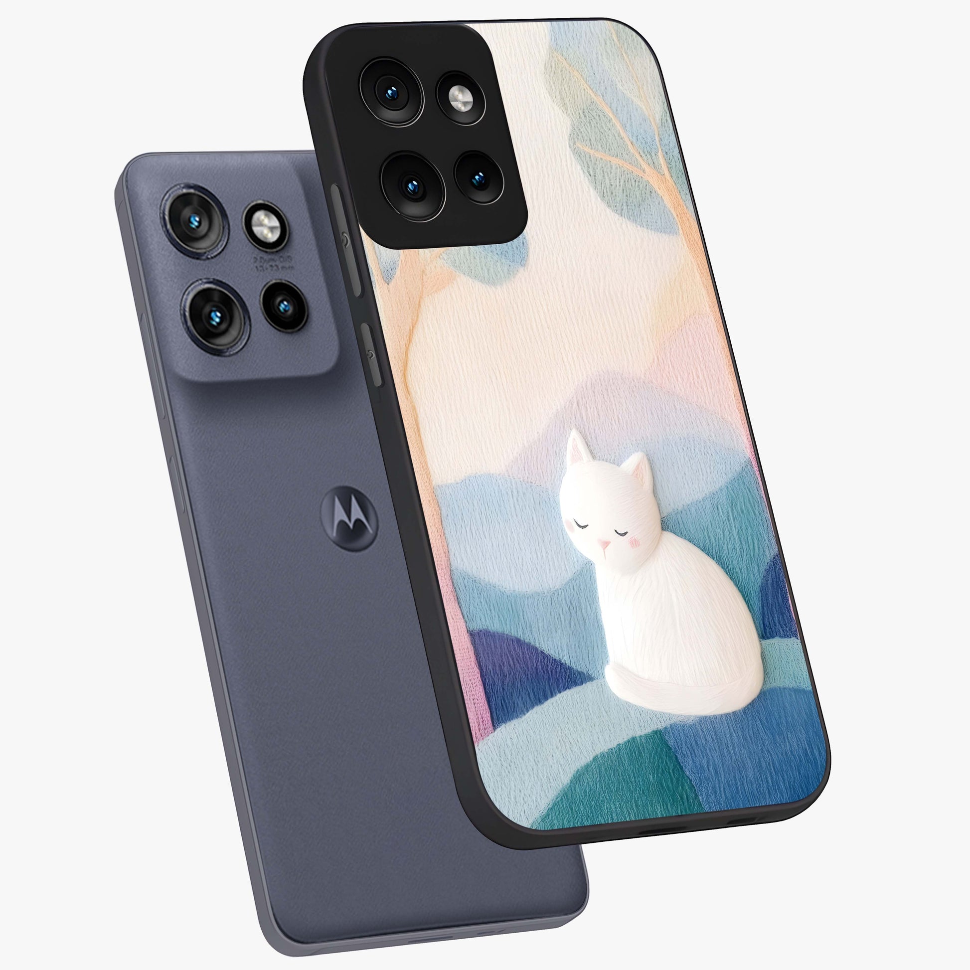 Cotton Dream Cat Glass Case displayed in angled mockup highlighting cute feline illustration with pastel aesthetic style.