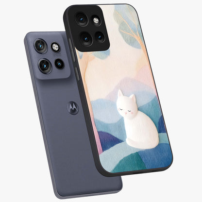 Cotton Dream Cat Glass Case displayed in angled mockup highlighting cute feline illustration with pastel aesthetic style.