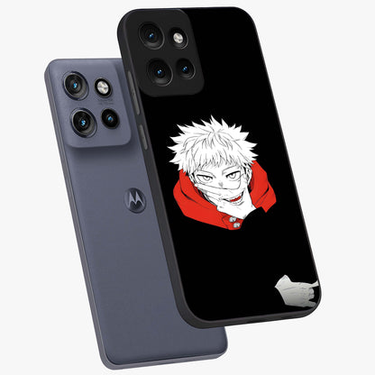 Crimson Chaos Smile Glass Case displayed in angled mockup highlighting edgy crimson smile design with graphic aesthetic.