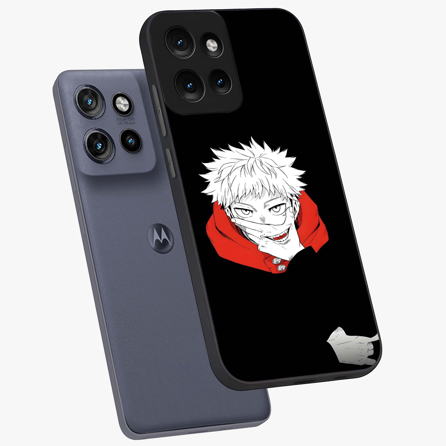 Crimson Chaos Smile Glass Case displayed in angled mockup highlighting edgy crimson smile design with graphic aesthetic.