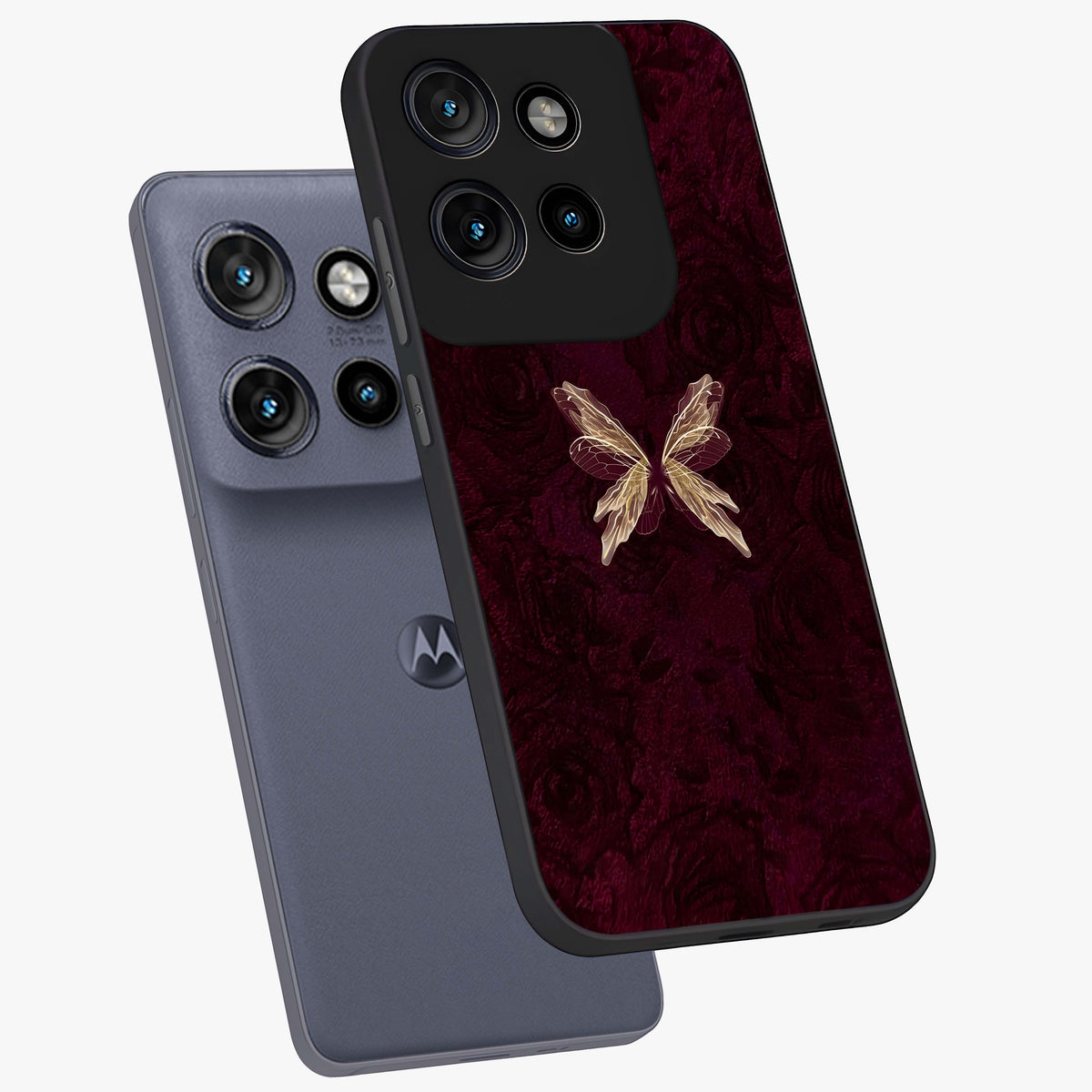 Crimson Fade Butterfly Glass Case displayed in angled mockup highlighting elegant butterfly design with crimson gradient aesthetic.