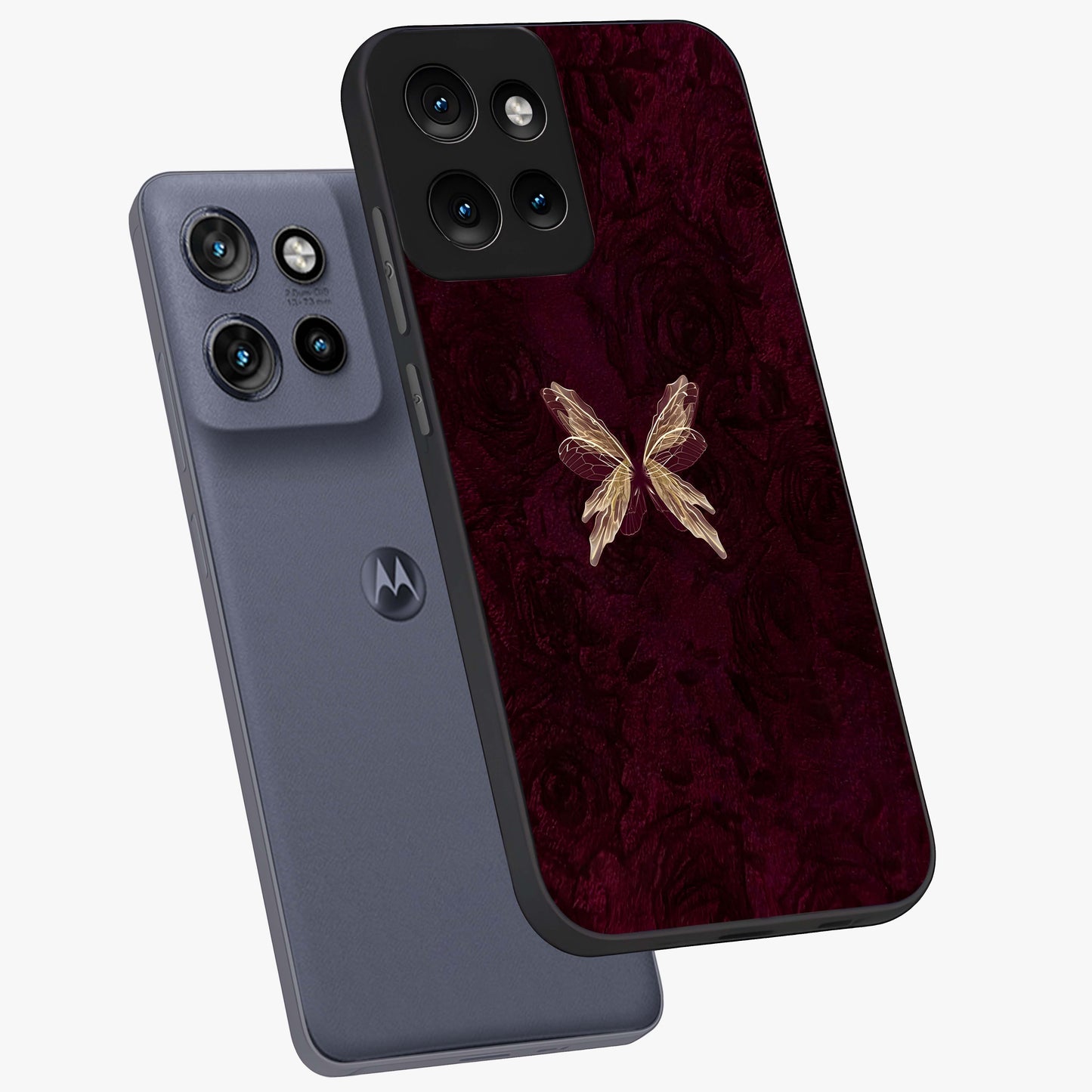 Crimson Fade Butterfly Glass Case displayed in angled mockup highlighting elegant butterfly design with crimson gradient aesthetic.