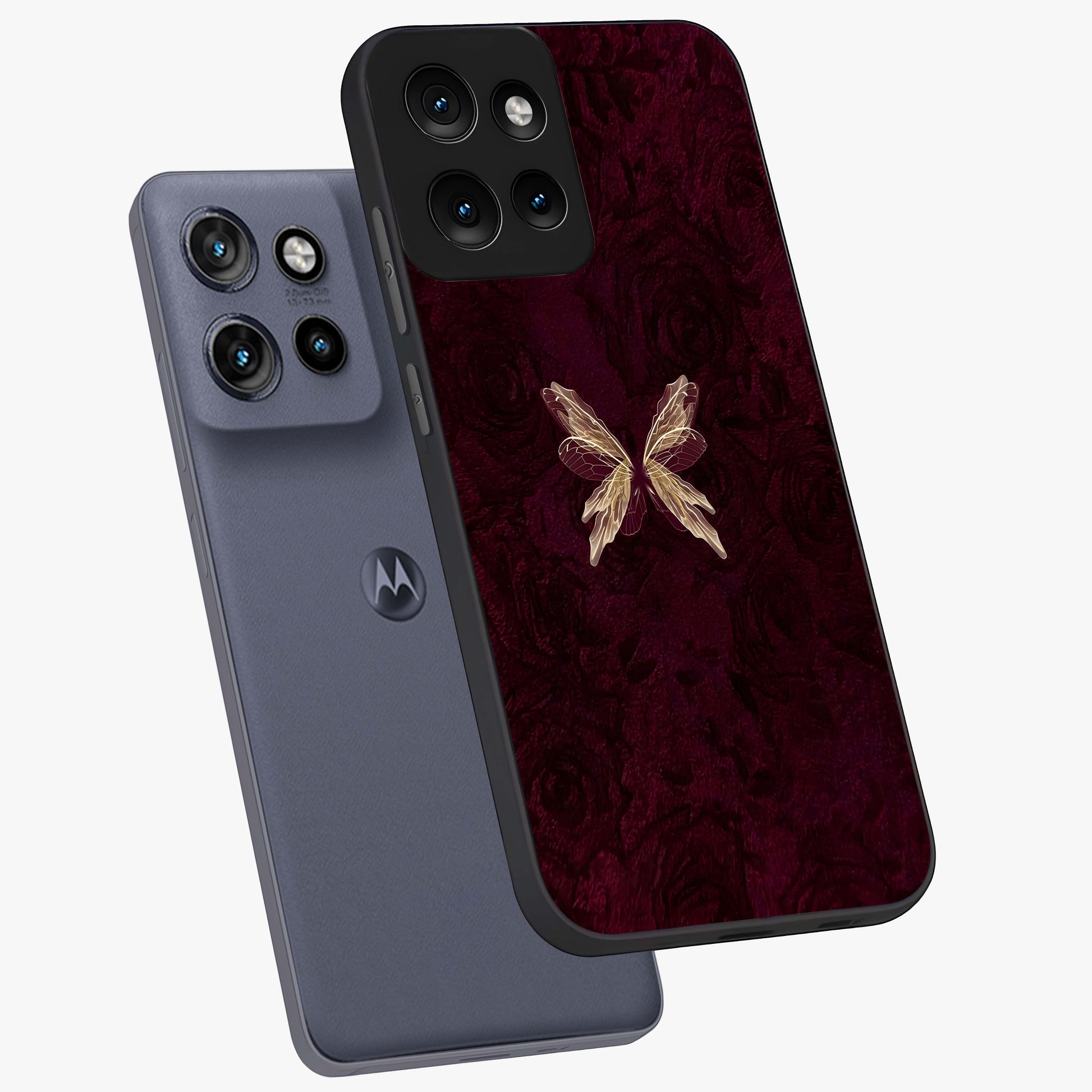 Crimson Fade Butterfly Glass Case displayed in angled mockup highlighting elegant butterfly design with crimson gradient aesthetic.