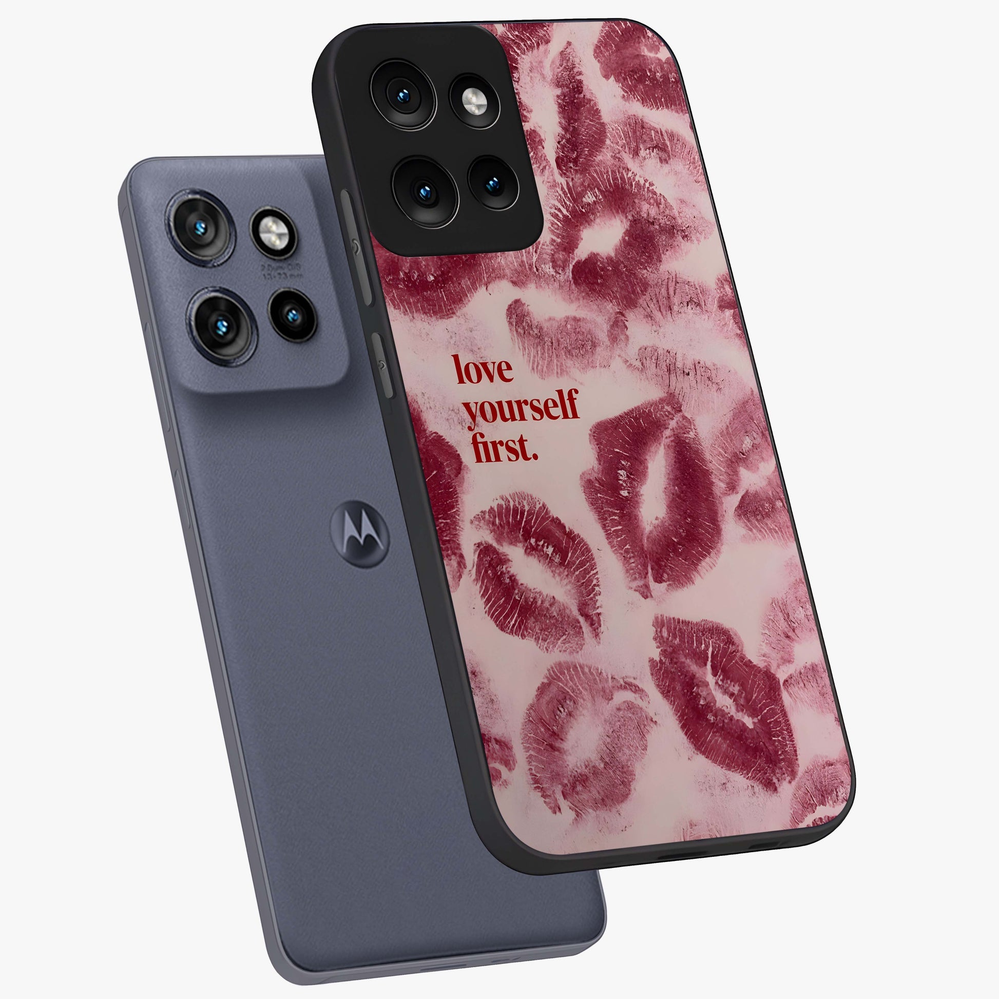 Crimson Kiss Love Glass Case displayed in angled mockup highlighting bold love inspired design with modern aesthetic style.