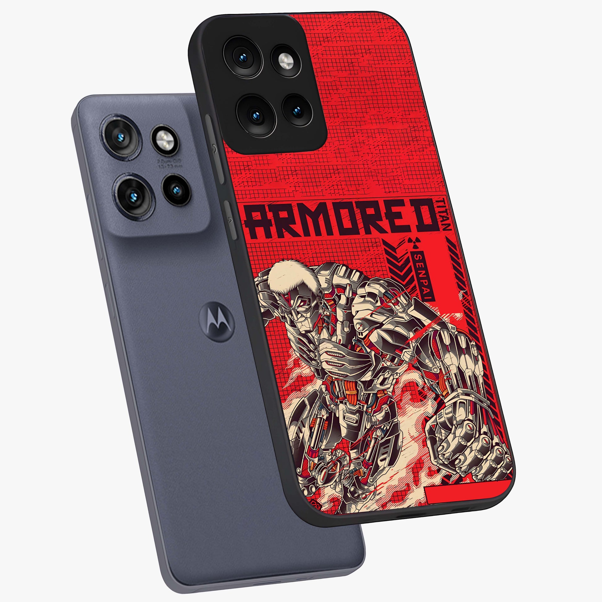 Crimson Mecha Titan Glass Case displayed in angled mockup highlighting futuristic mech illustration with bold crimson aesthetic.