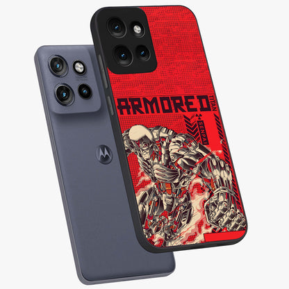 Crimson Mecha Titan Glass Case displayed in angled mockup highlighting futuristic mech illustration with bold crimson aesthetic.