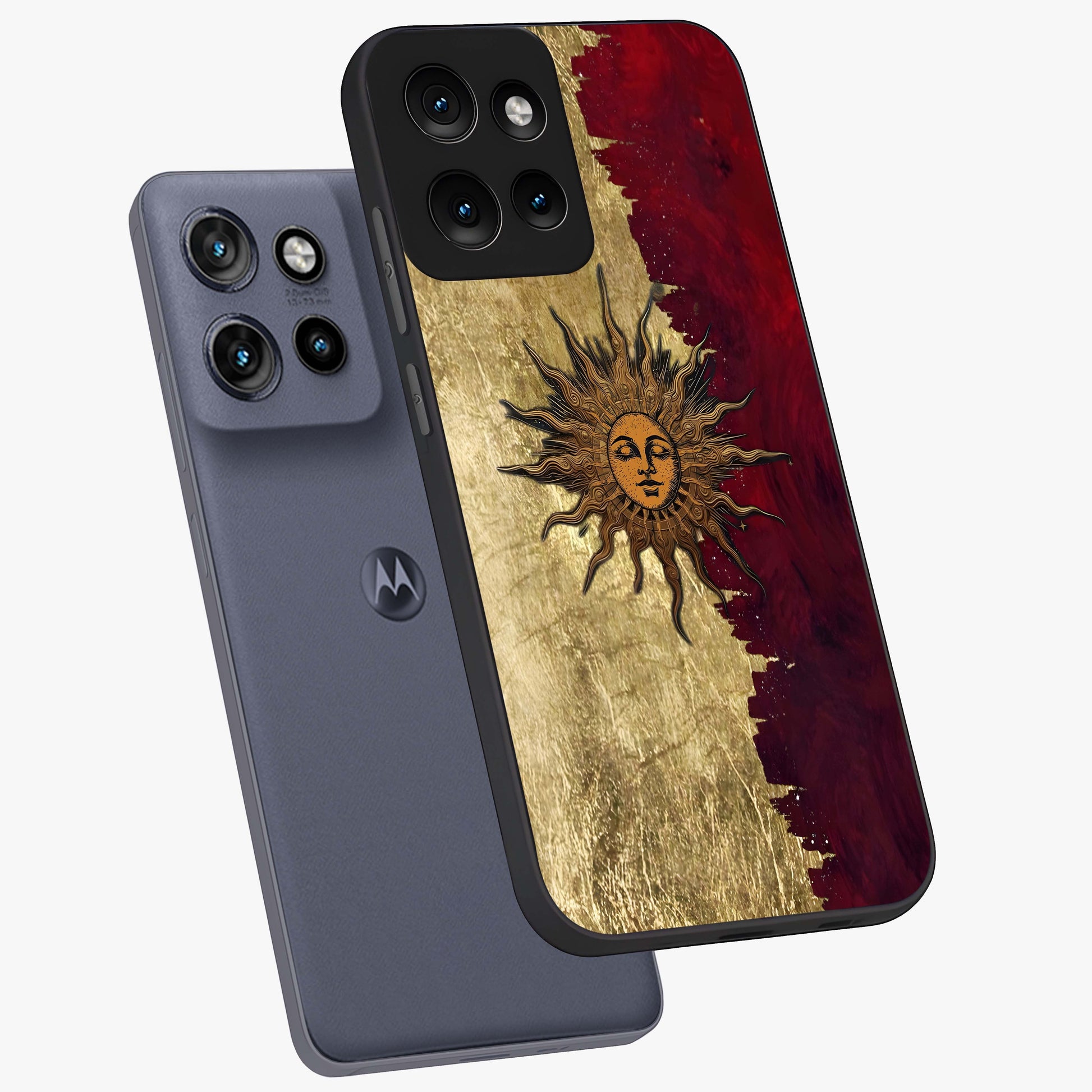 Crimson Sun Majesty Glass Case displayed in angled mockup highlighting majestic crimson sun design with bold aesthetic style.