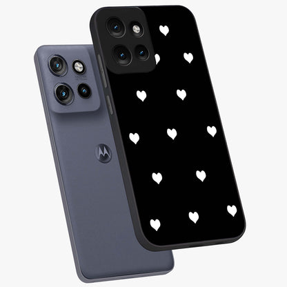 Cute And Simple White Hearts Glass Case displayed in angled mockup highlighting cute heart design with clean aesthetic style.