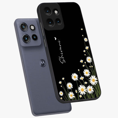 Daisy Cascade Custom Name Glass Case displayed in angled mockup highlighting delicate daisy artwork with custom name feature.