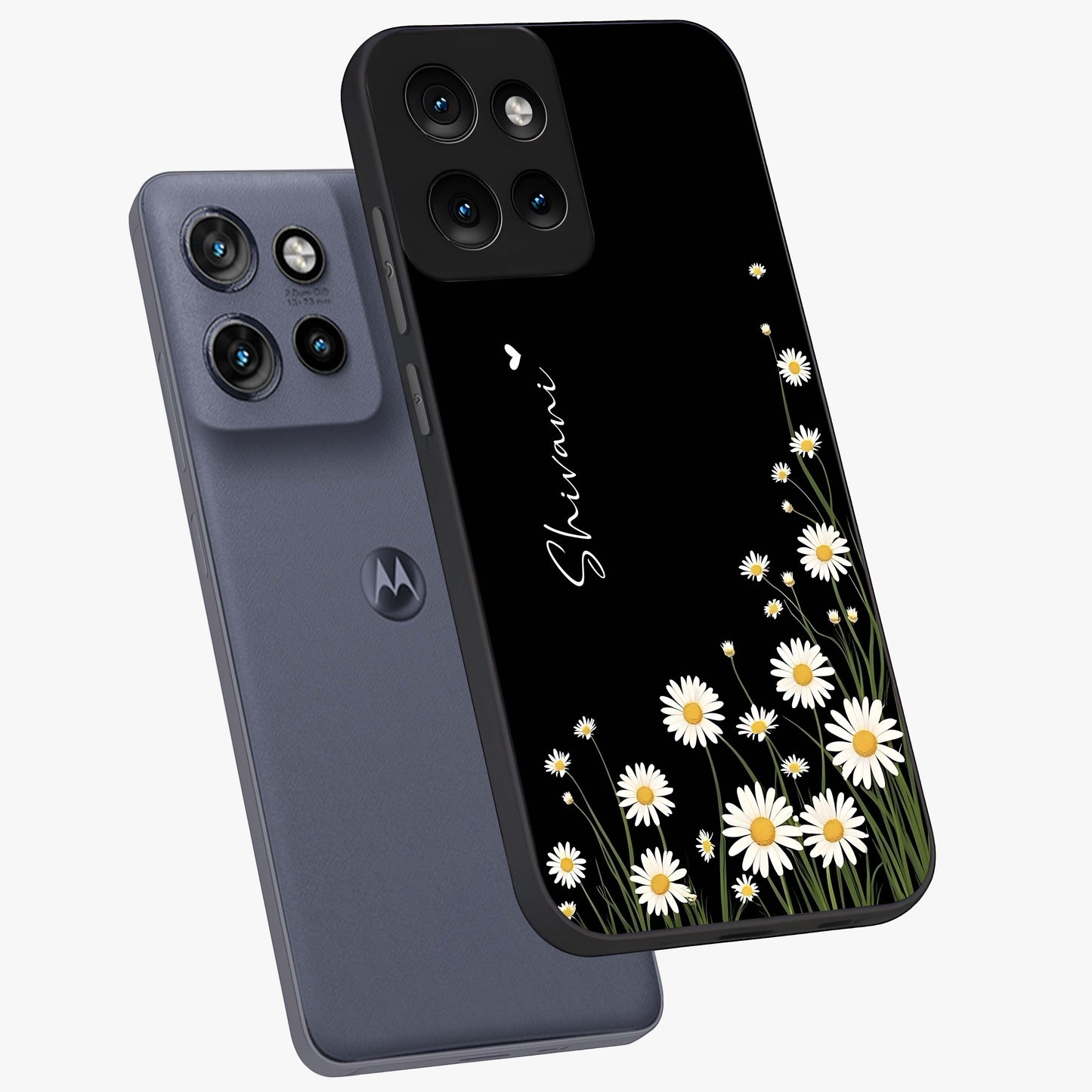 Daisy Cascade Custom Name Glass Case displayed in angled mockup highlighting delicate daisy artwork with custom name feature.
