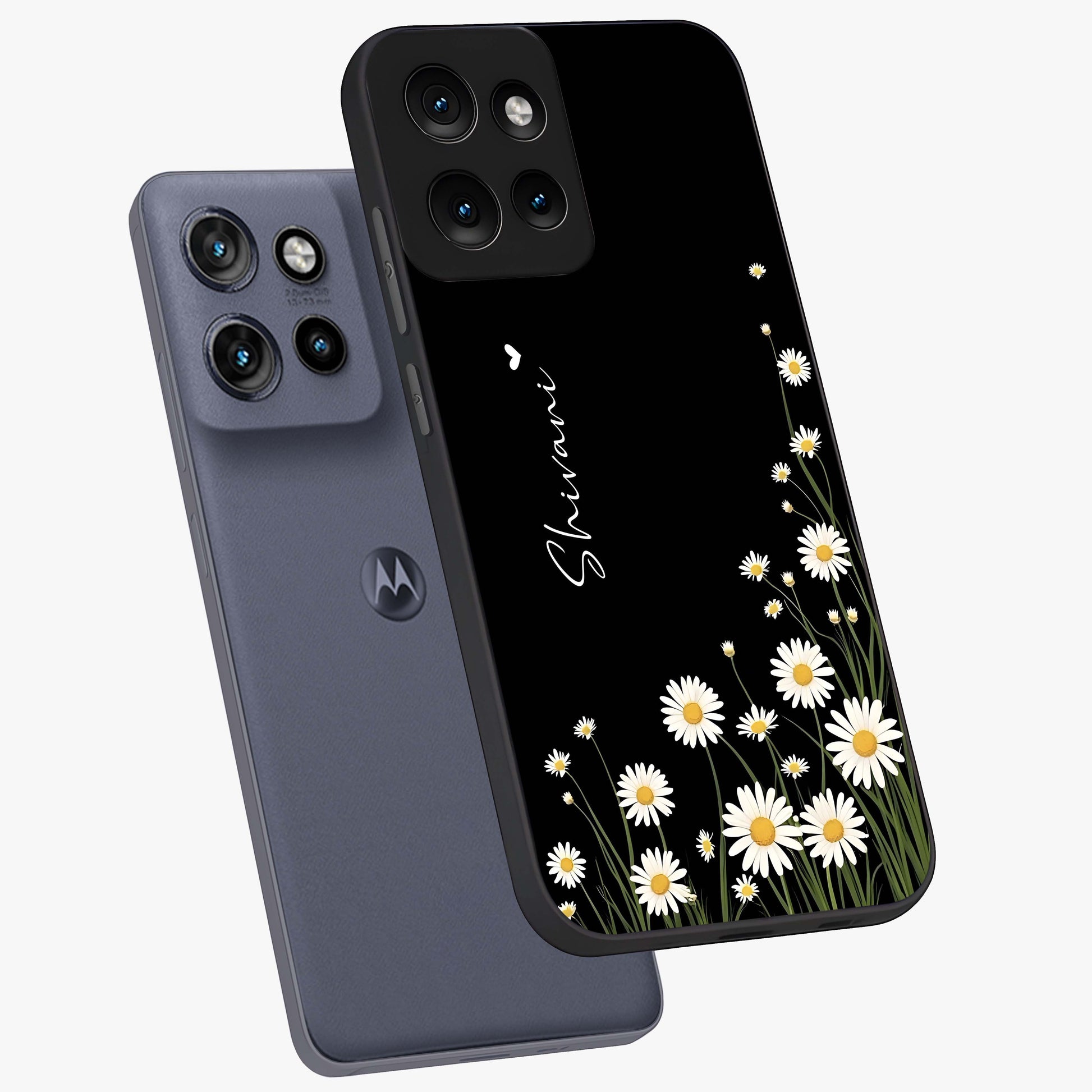 Daisy Cascade Custom Name Glass Case displayed in angled mockup highlighting delicate daisy artwork with custom name feature.