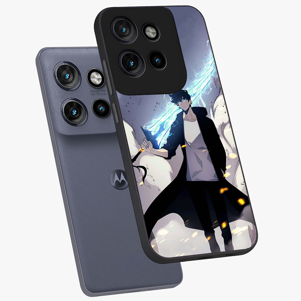 Dark Lightning Anime Warrior Glass Case displayed in angled mockup highlighting powerful lightning themed anime illustration.