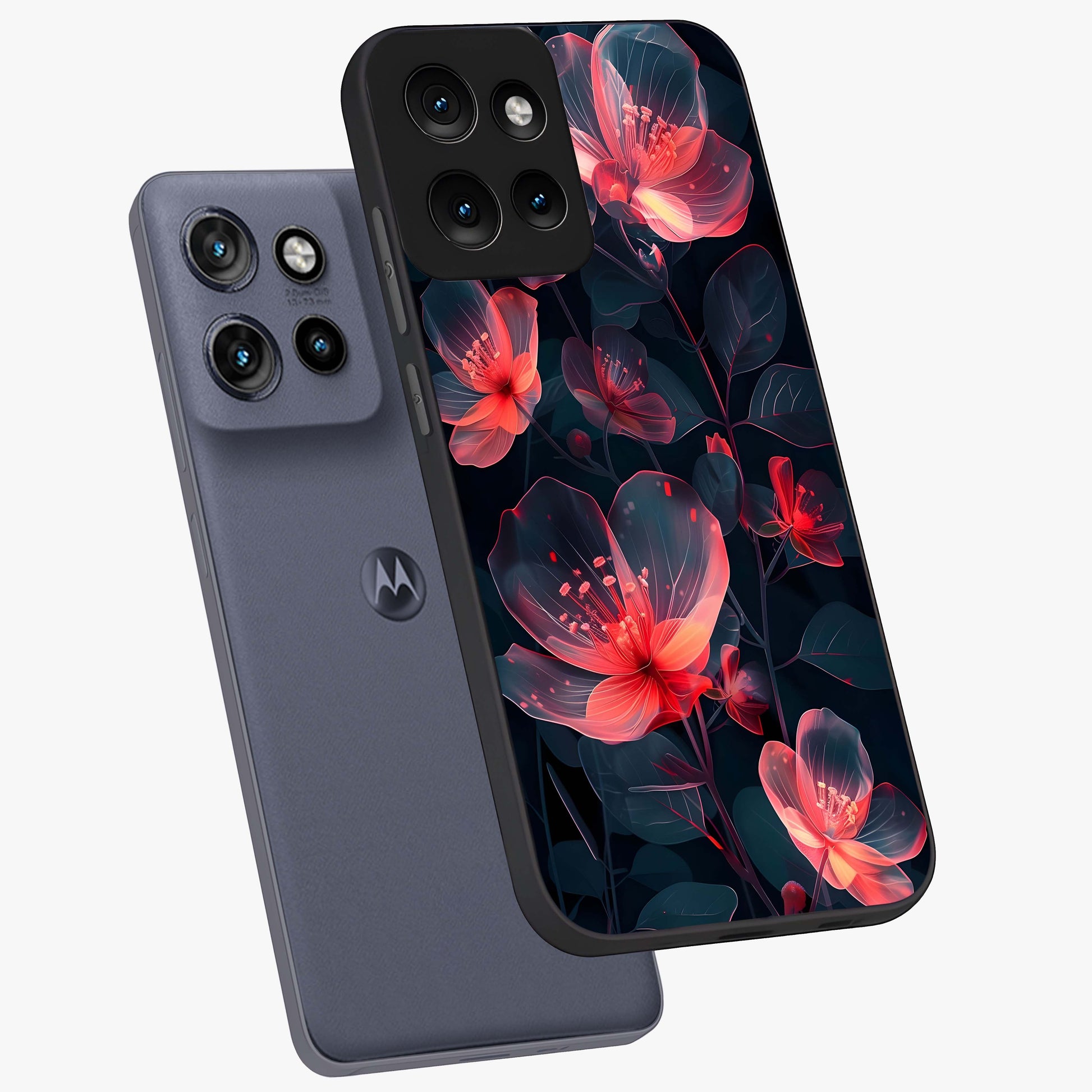 Dark Shade of Flower Glass Case displayed in angled mockup highlighting moody floral illustration with aesthetic dark tones.
