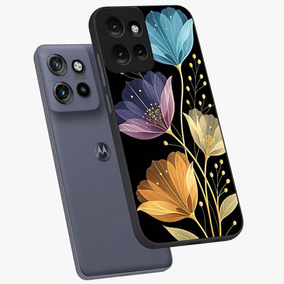 Delicate Multicolor Flowers Glass Case displayed in angled mockup highlighting colorful flower pattern with soft aesthetic style.