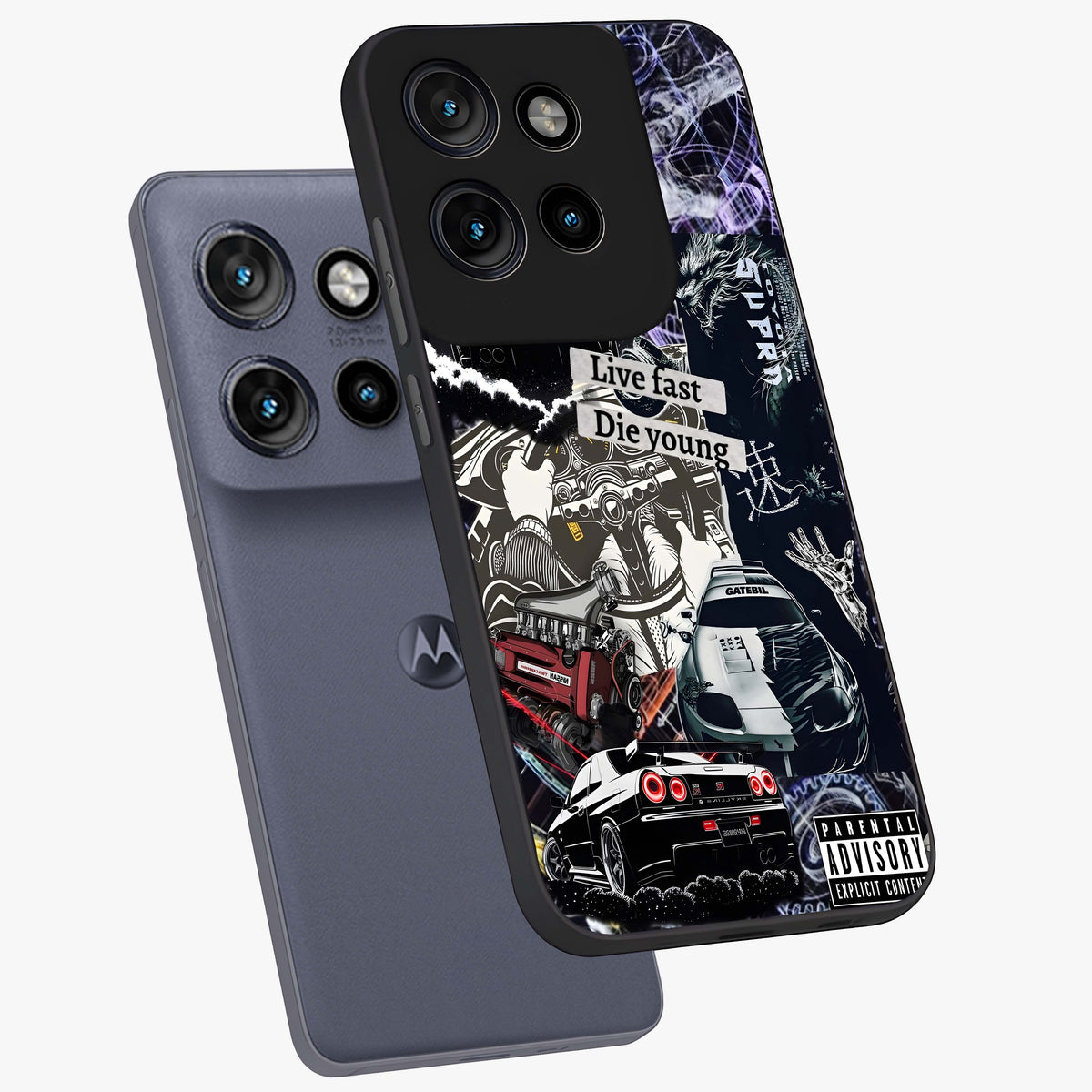 Die Young Glass Case displayed in angled mockup highlighting expressive graphic artwork with edgy aesthetic style.