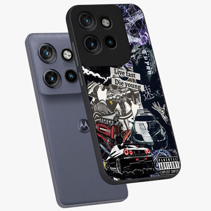 Die Young Glass Case displayed in angled mockup highlighting expressive graphic artwork with edgy aesthetic style.