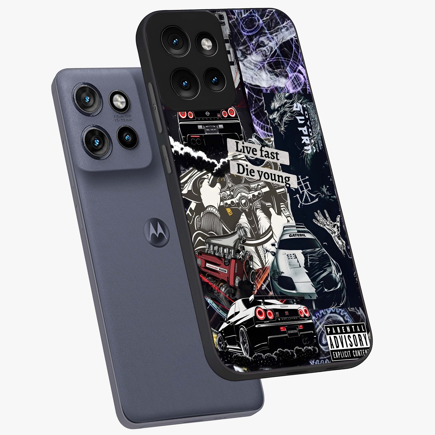 Die Young Glass Case displayed in angled mockup highlighting expressive graphic artwork with edgy aesthetic style.