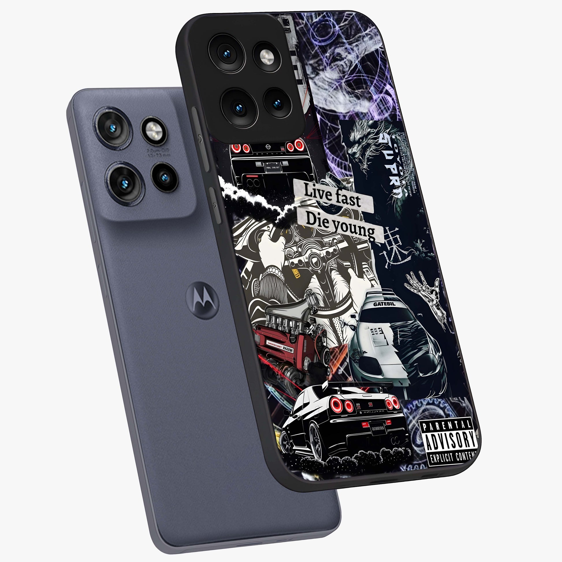 Die Young Glass Case displayed in angled mockup highlighting expressive graphic artwork with edgy aesthetic style.