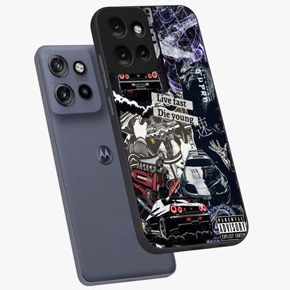 Die Young Glass Case displayed in angled mockup highlighting expressive graphic artwork with edgy aesthetic style.