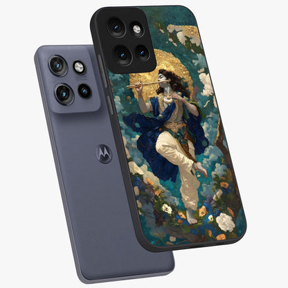 Divine Krishna Art Glass Case displayed in angled mockup highlighting spiritual Krishna illustration with devotional aesthetic.