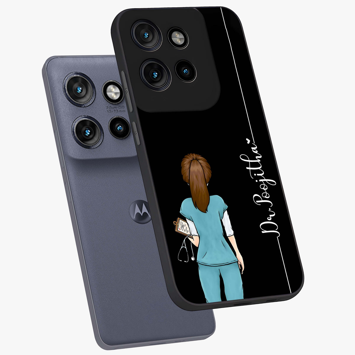 Doctor Pattern Custom Name Glass Case displayed in angled mockup highlighting doctor inspired artwork with custom name feature.