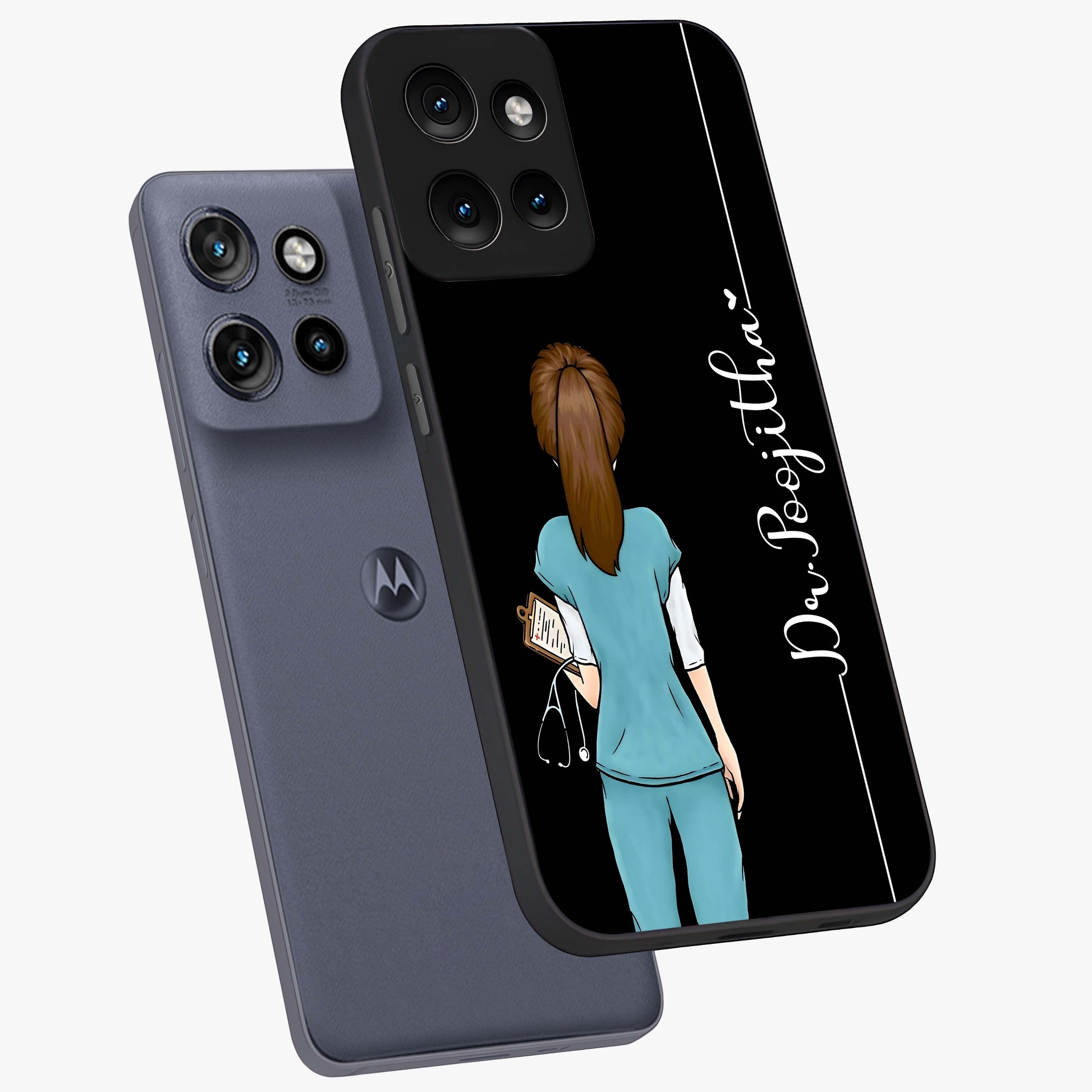 Doctor Pattern Custom Name Glass Case displayed in angled mockup highlighting doctor inspired artwork with custom name feature.
