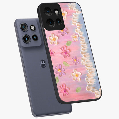 Dreamy Painted Garden Glass Case displayed in angled mockup highlighting colorful garden illustration with dreamy aesthetic style.