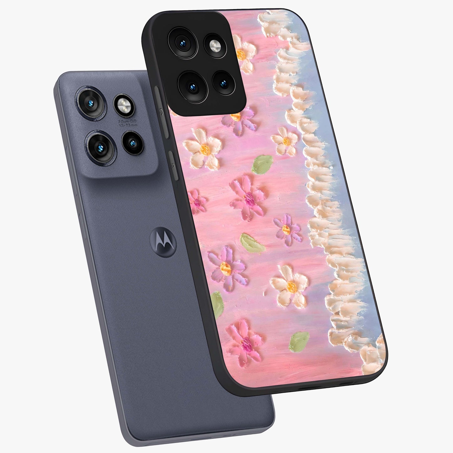 Dreamy Painted Garden Glass Case displayed in angled mockup highlighting colorful garden illustration with dreamy aesthetic style.