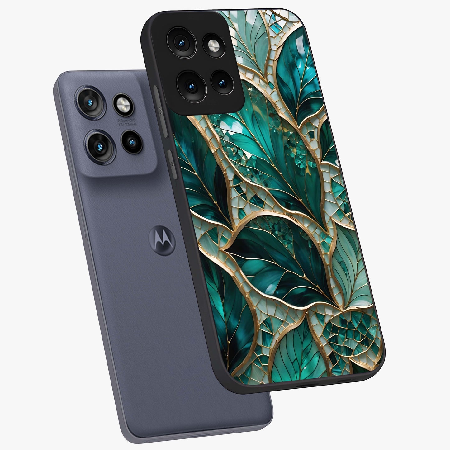 Emerald Leaf Glass Glass Case displayed in angled mockup highlighting botanical leaf illustration with elegant natural aesthetic.