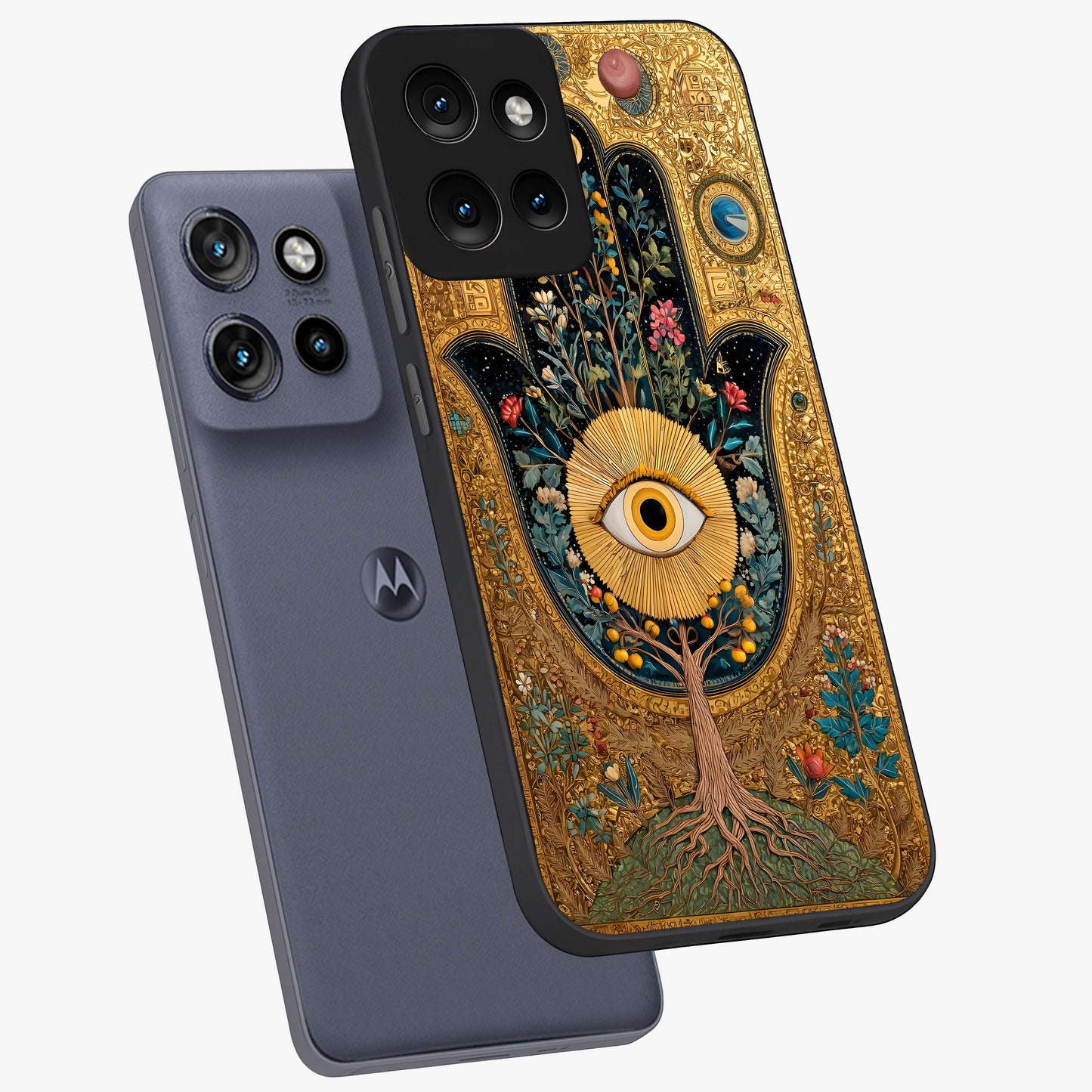 Ethereal Evil Eye Glass Case displayed in angled mockup highlighting protective evil eye symbol with spiritual aesthetic design.