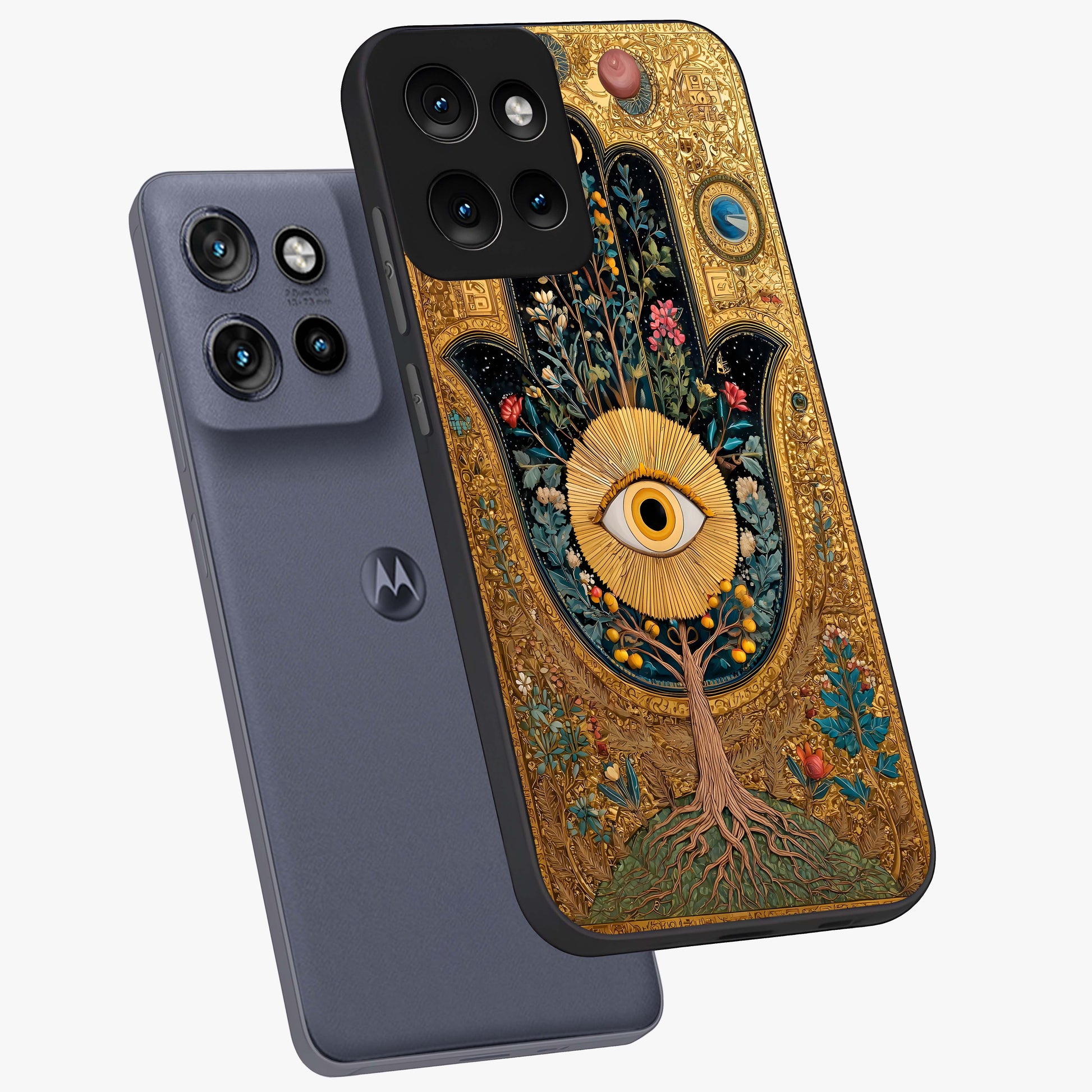 Ethereal Evil Eye Glass Case displayed in angled mockup highlighting protective evil eye symbol with spiritual aesthetic design.