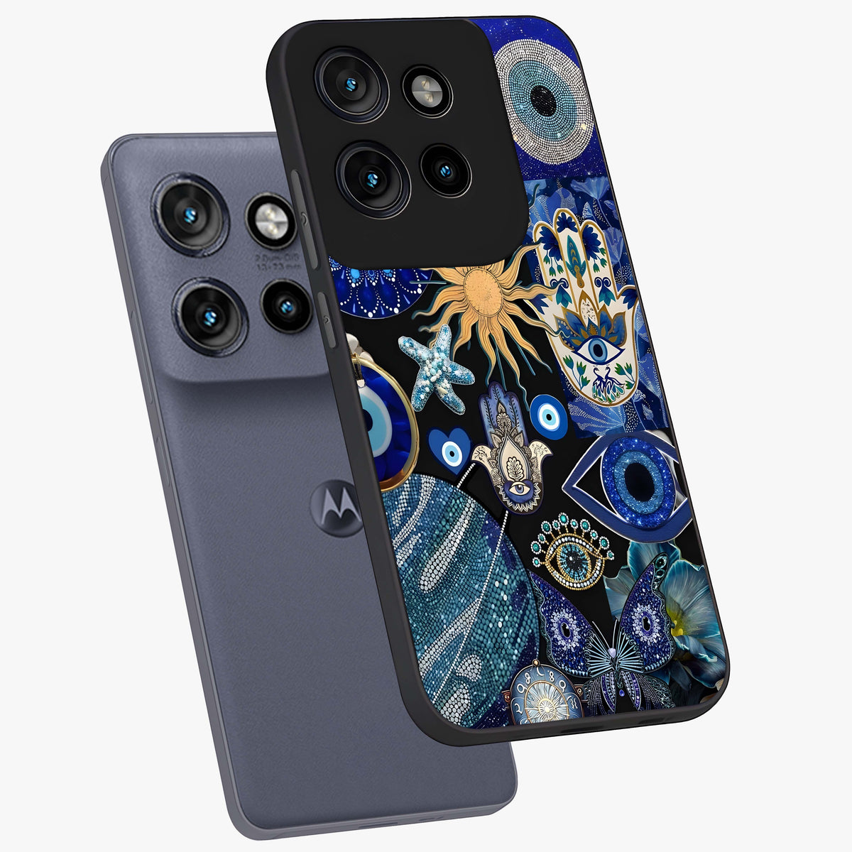 Evil Eye Charm Mix Glass Case displayed in angled mockup highlighting protective evil eye symbols with spiritual aesthetic design.