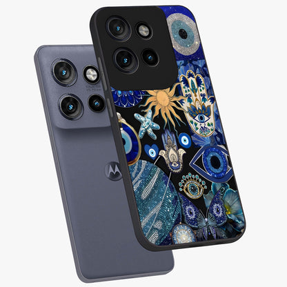 Evil Eye Charm Mix Glass Case displayed in angled mockup highlighting protective evil eye symbols with spiritual aesthetic design.