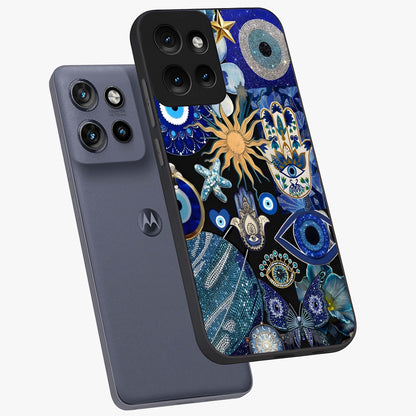 Evil Eye Charm Mix Glass Case displayed in angled mockup highlighting protective evil eye symbols with spiritual aesthetic design.