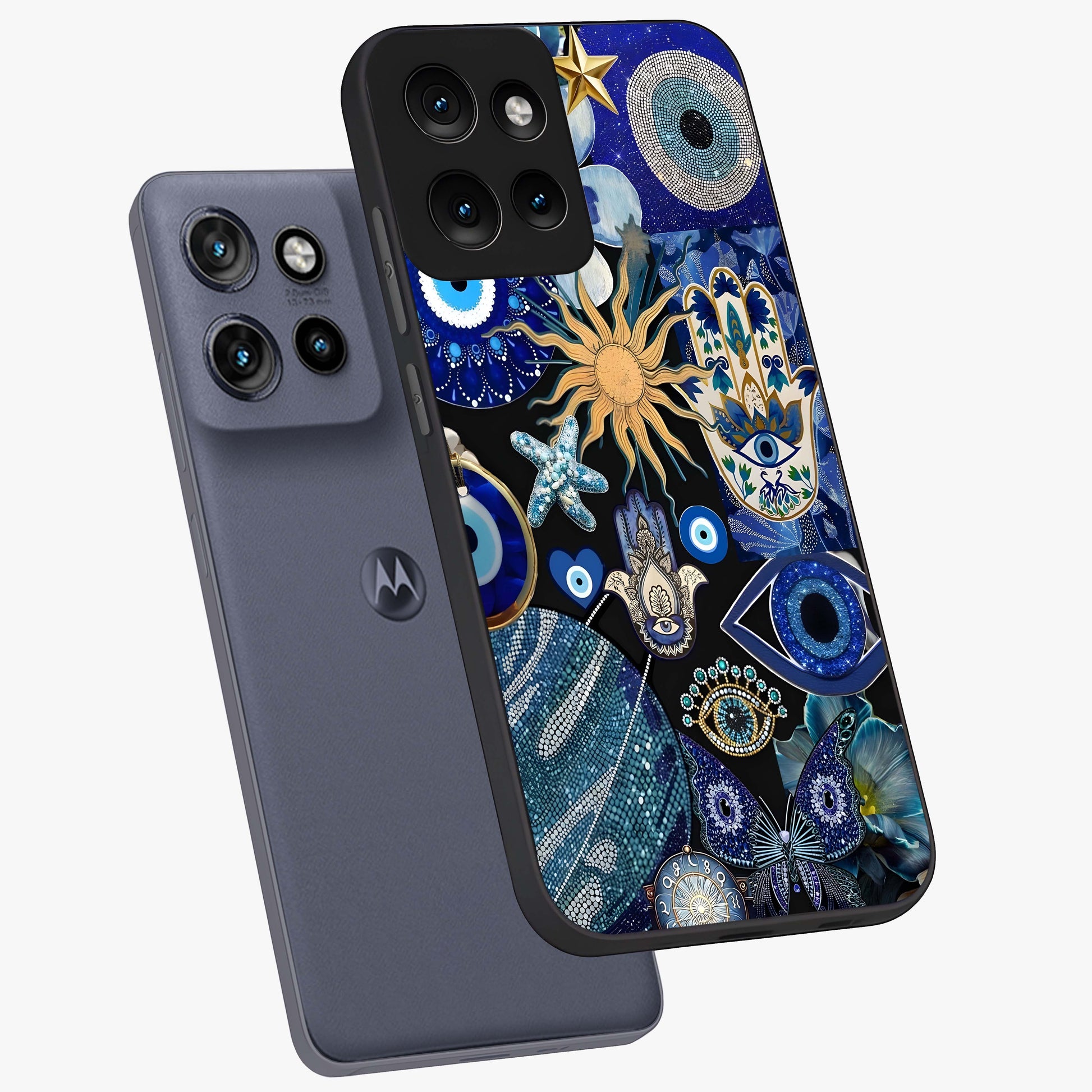Evil Eye Charm Mix Glass Case displayed in angled mockup highlighting protective evil eye symbols with spiritual aesthetic design.