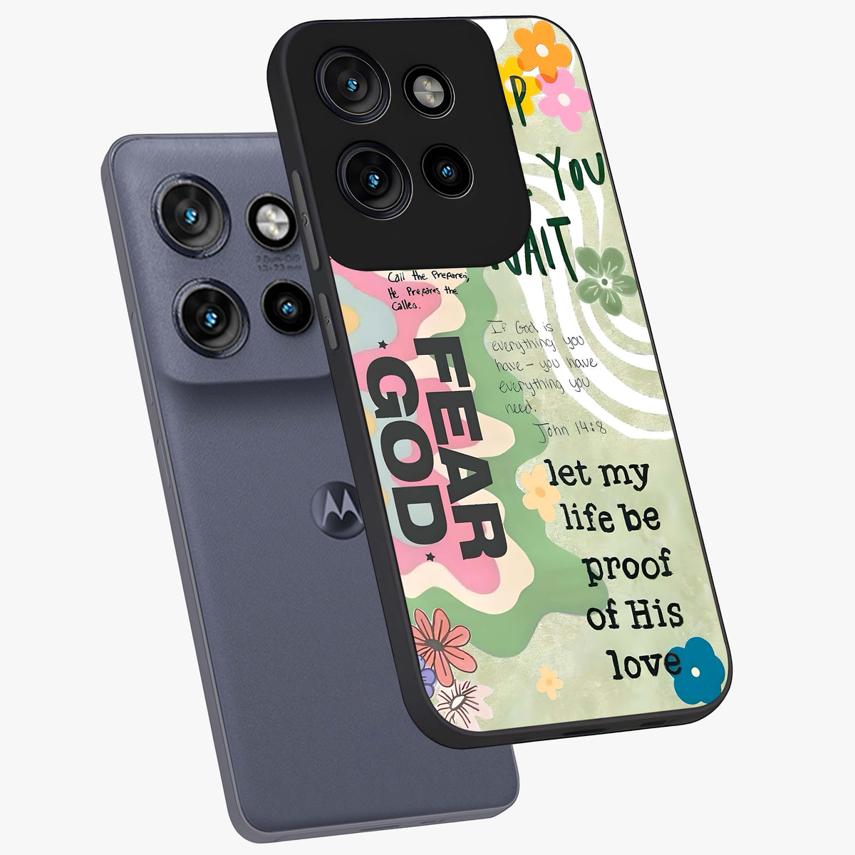 Faith Over Fear Glass Case displayed in angled mockup highlighting inspirational message design with modern aesthetic style.