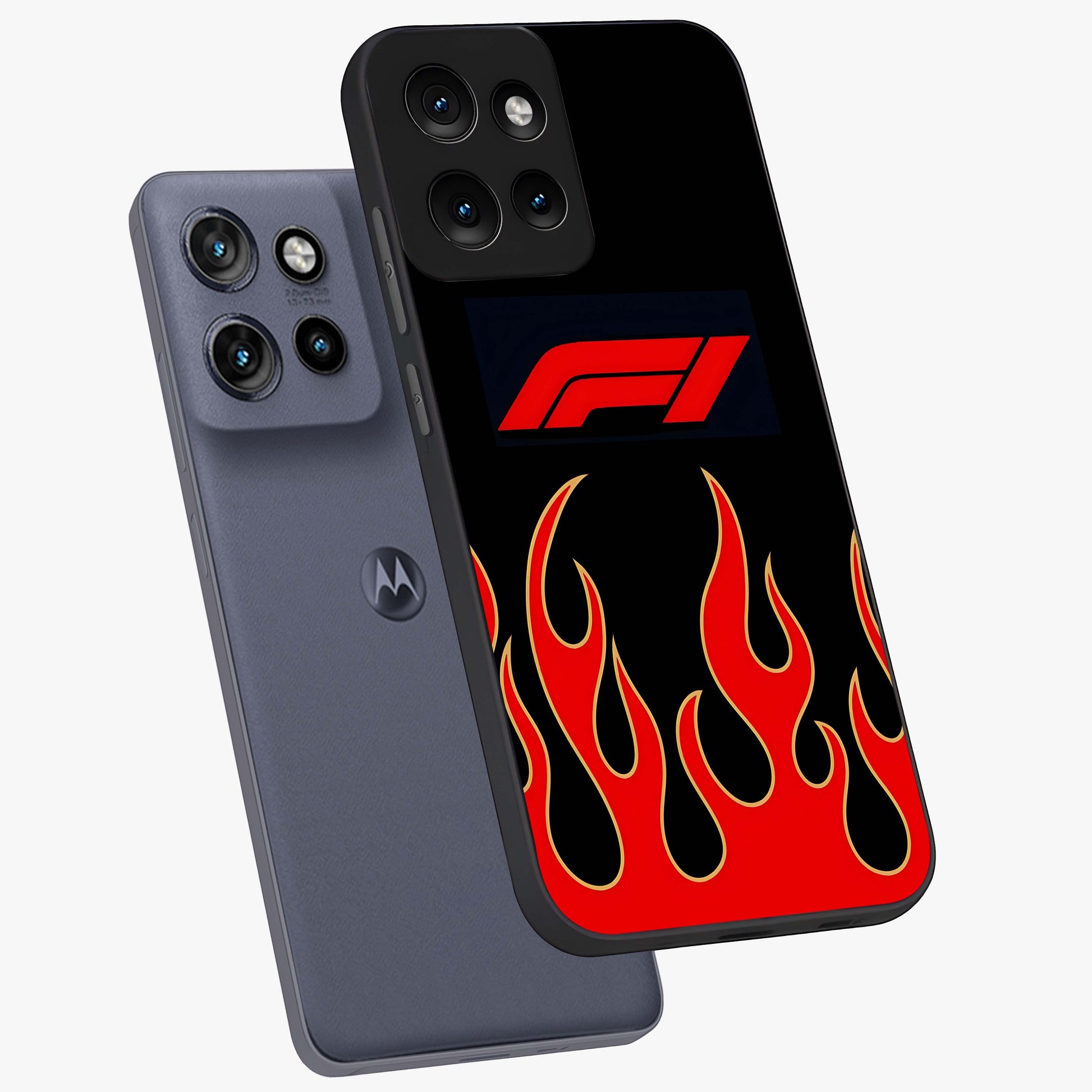 Fire F11 Glass Case displayed in angled mockup highlighting bold fire inspired graphic with energetic aesthetic style.