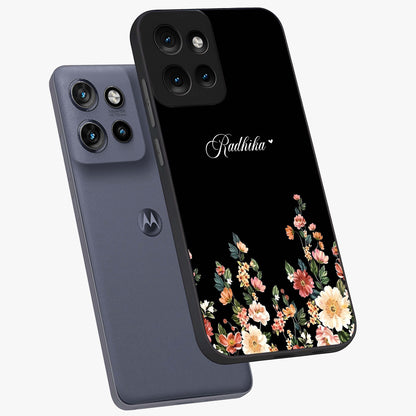 Floral Design With a Custom Personalized Name Glass Case displayed in angled mockup highlighting elegant floral pattern with custom name feature.