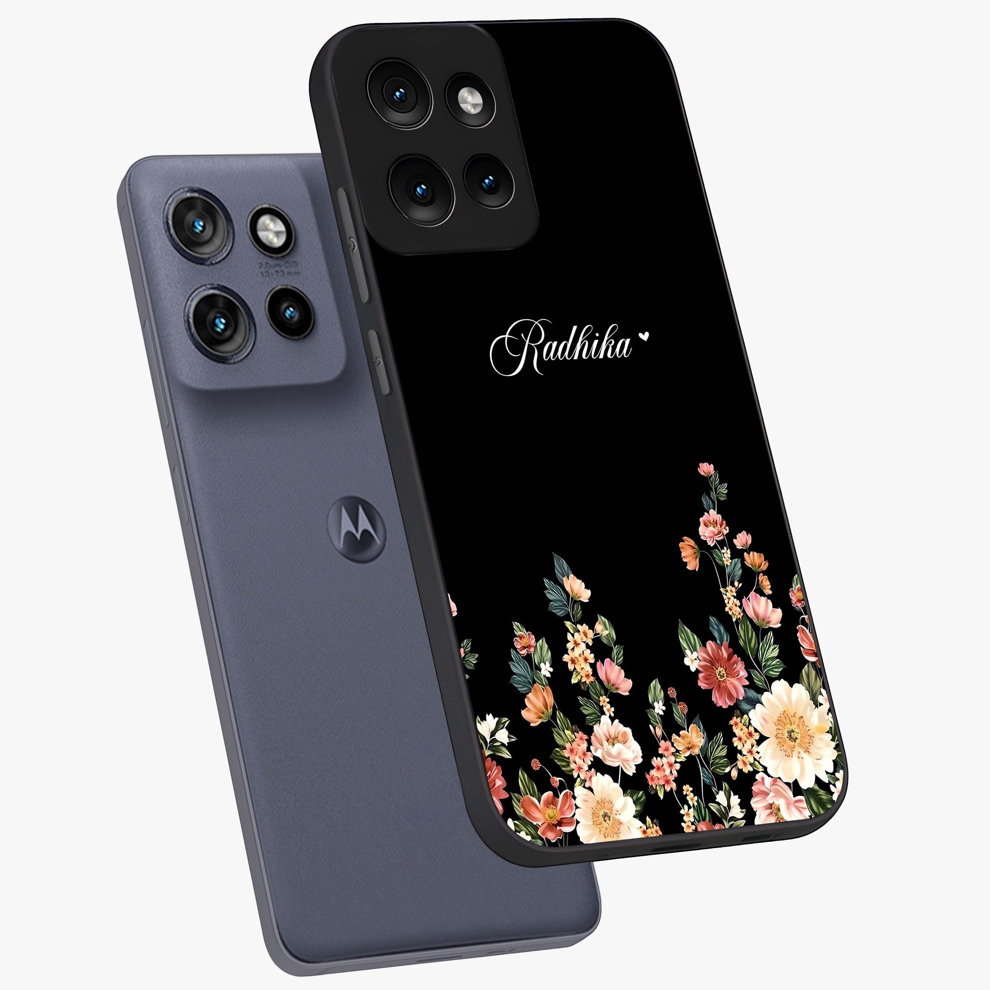 Floral Design With a Custom Personalized Name Glass Case displayed in angled mockup highlighting elegant floral pattern with custom name feature.