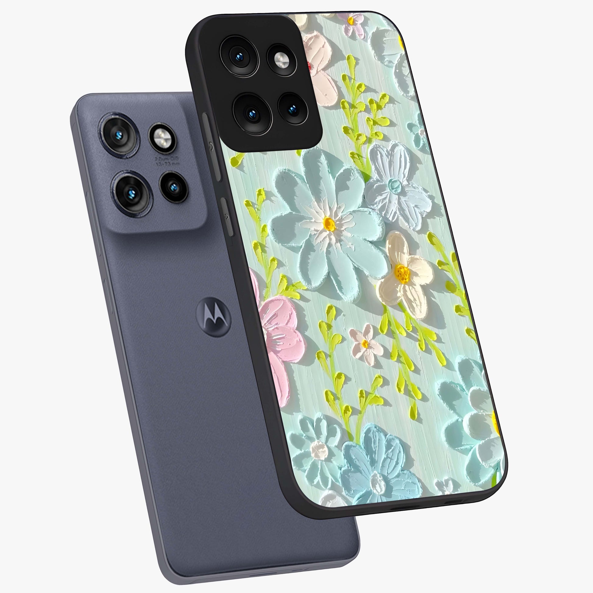 Frosted Petal Garden Glass Case displayed in angled mockup highlighting delicate flower petal design with calm garden aesthetic.