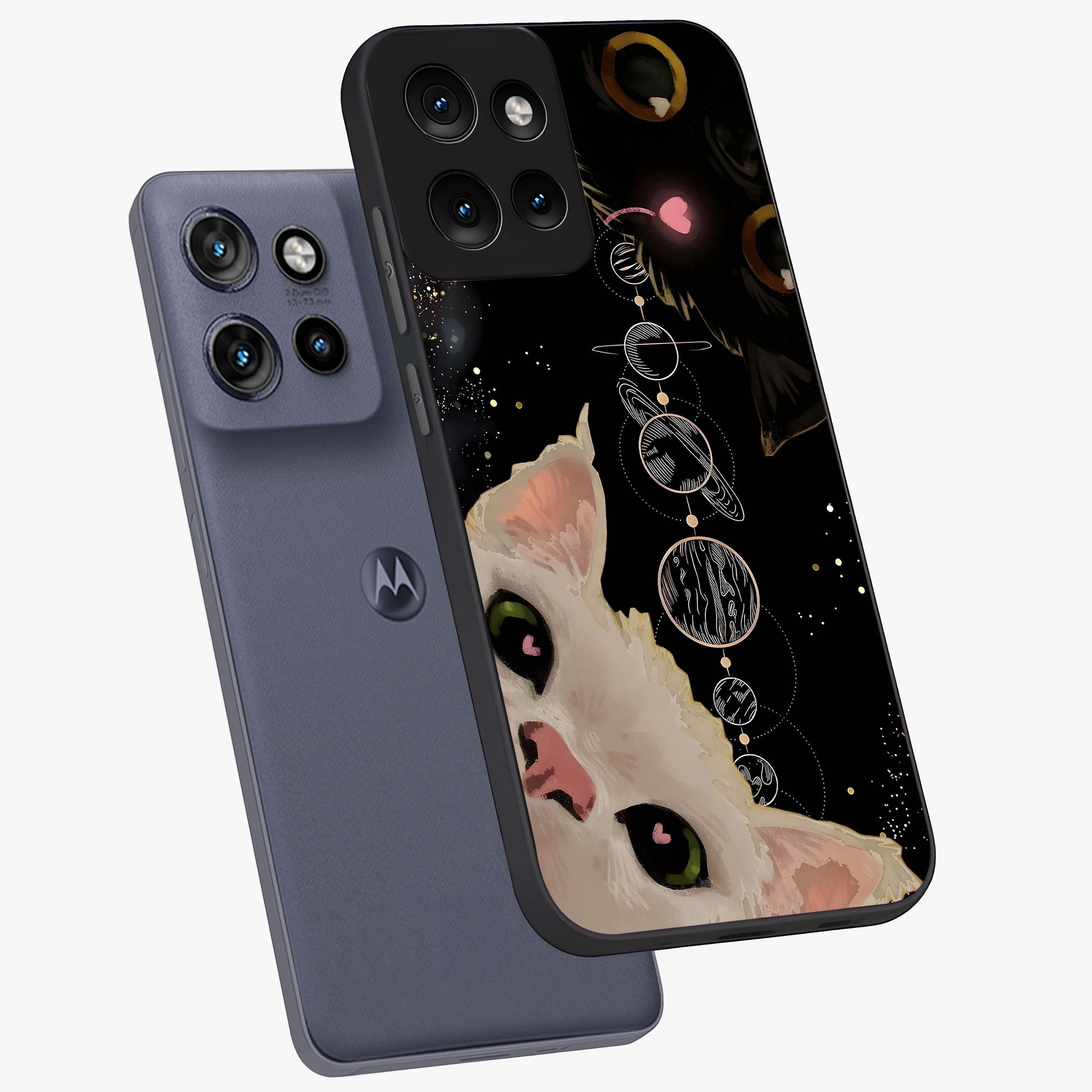 Galactic Cat Glass Case displayed in angled mockup highlighting celestial feline illustration with galaxy aesthetic style.