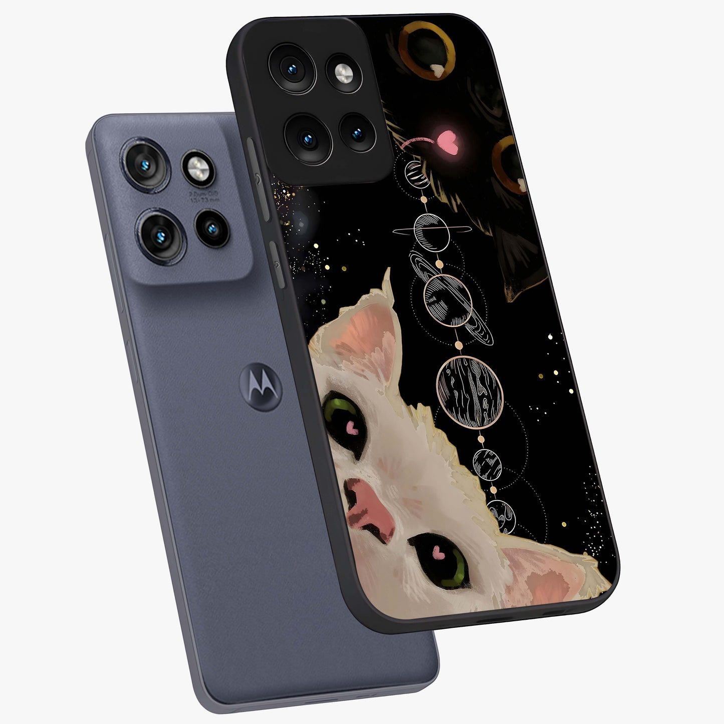 Galactic Cat Glass Case displayed in angled mockup highlighting celestial feline illustration with galaxy aesthetic style.