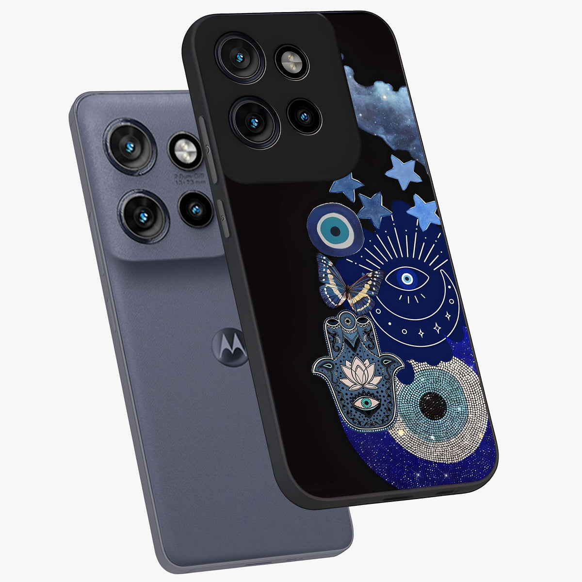 Galactic Charm Cluster Glass Case displayed in angled mockup highlighting luminous galaxy inspired design with dreamy aesthetic.