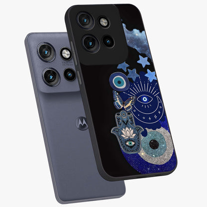 Galactic Charm Cluster Glass Case displayed in angled mockup highlighting luminous galaxy inspired design with dreamy aesthetic.