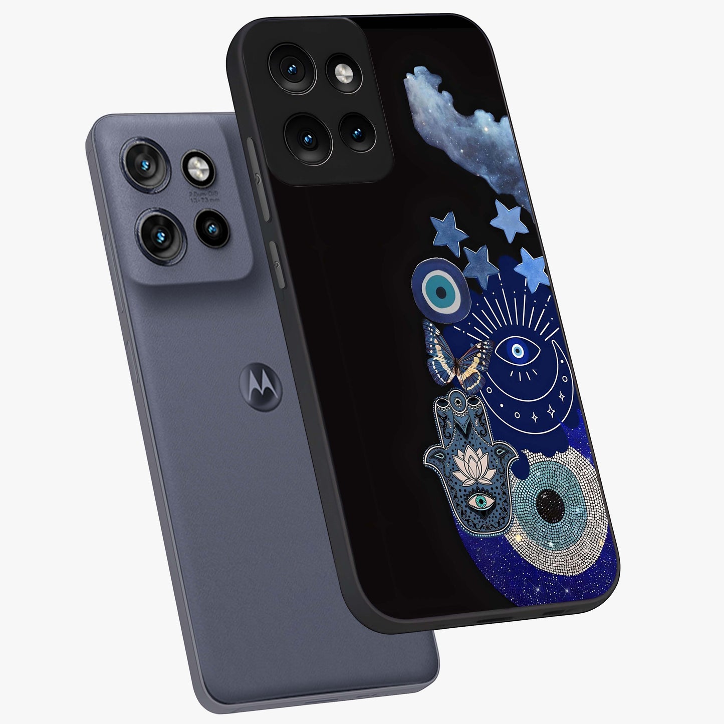 Galactic Charm Cluster Glass Case displayed in angled mockup highlighting luminous galaxy inspired design with dreamy aesthetic.